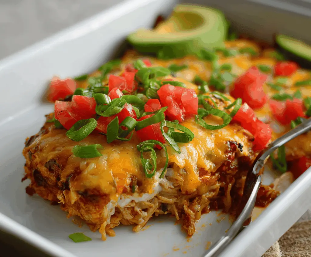 Delicious healthy chicken taco casserole with fresh vegetables and melted cheese in a baking dish.