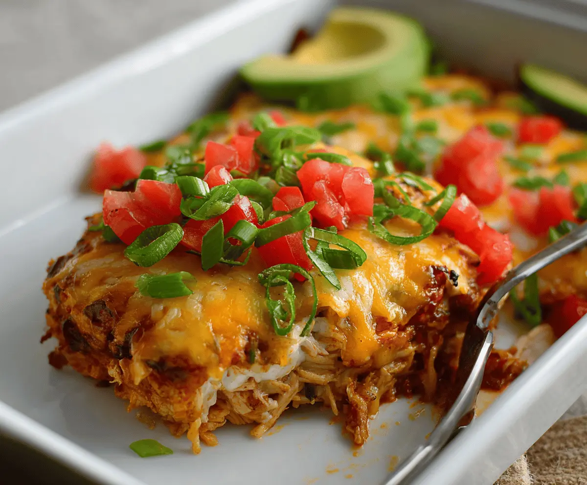 Delicious healthy chicken taco casserole with fresh vegetables and melted cheese in a baking dish.