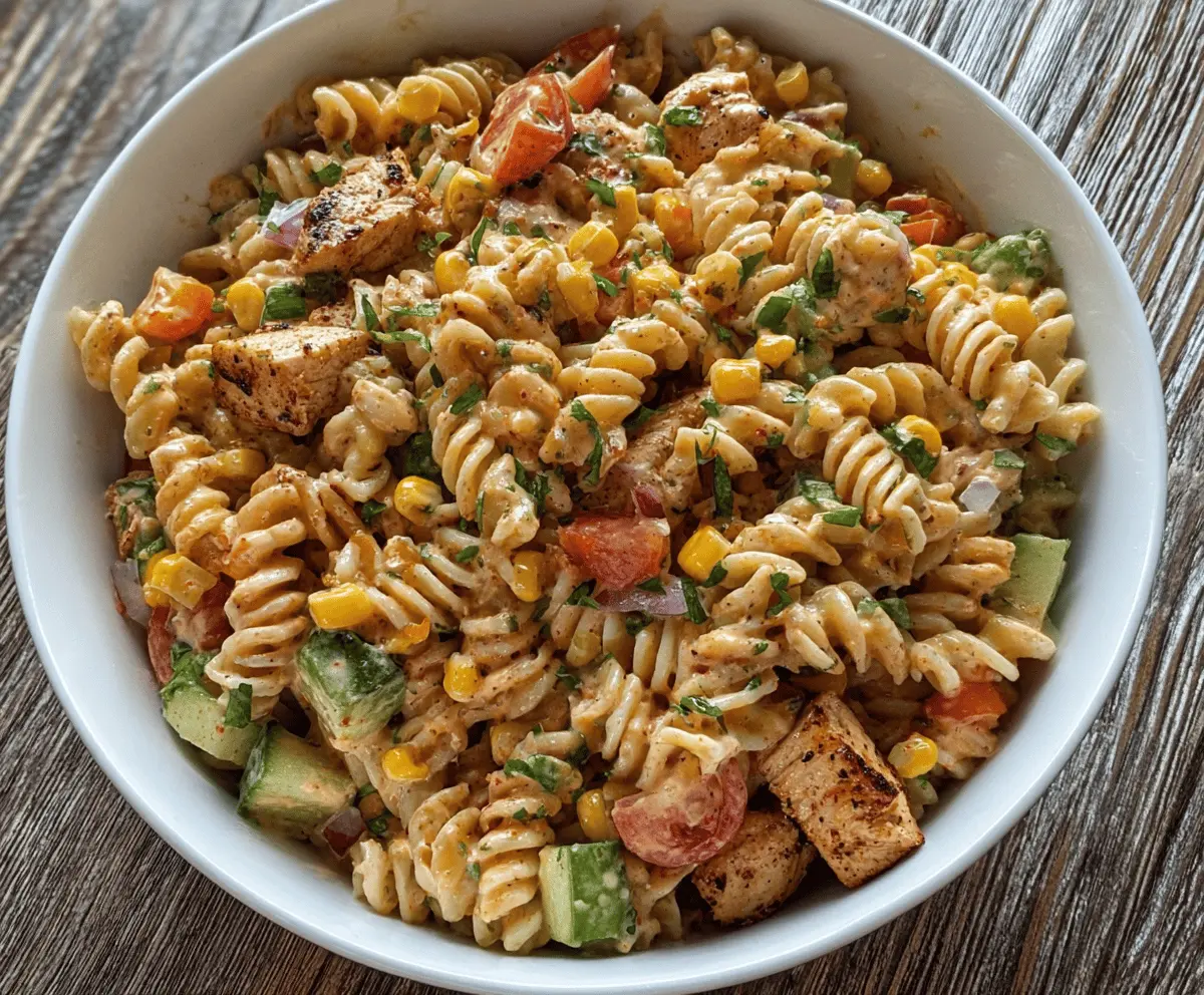 Creamy BBQ Chicken Pasta Salad with grilled chicken, pasta, corn, and fresh vegetables, high in protein and perfect for summer meals