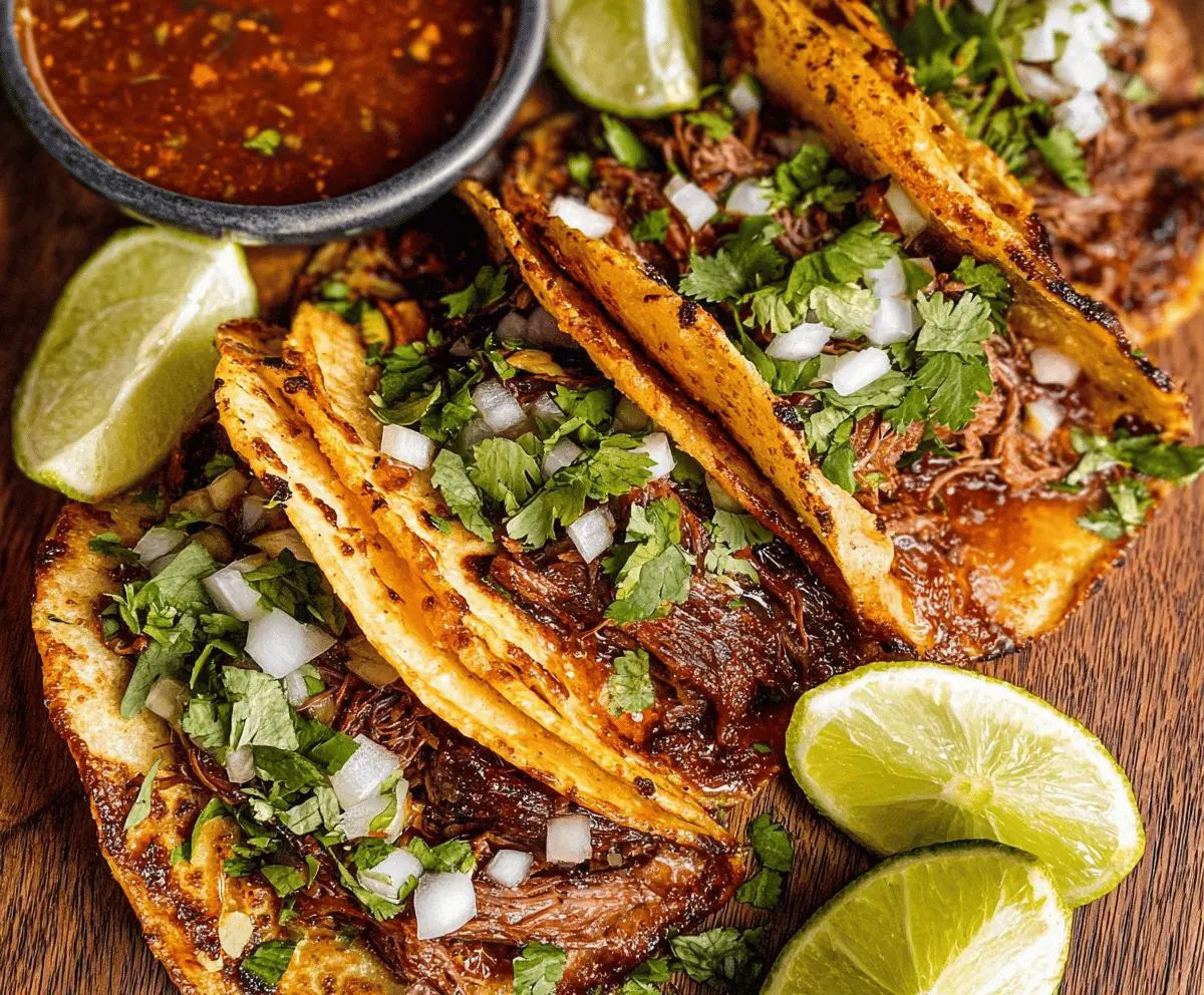 Delicious homemade birria tacos filled with tender spiced meat, served with fresh cilantro and onions on warm corn tortillas