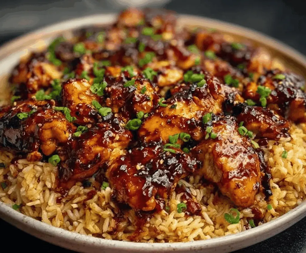 Savory Honey BBQ Chicken served with fluffy rice and fresh herbs on a plate