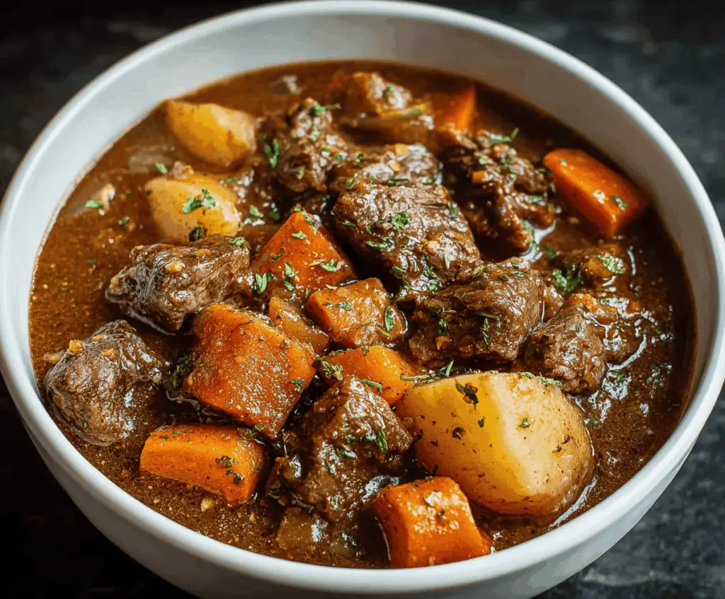 Hearty homemade Instant Pot beef stew with tender beef chunks, carrots, potatoes, and savory broth in a colorful bowl.