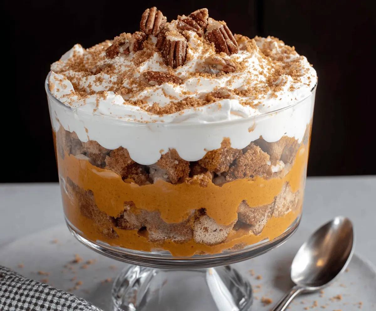 Delicious Maple Pecan & Pumpkin Cheesecake Trifle layered with creamy cheesecakes, crunchy pecans, and pumpkin puree.