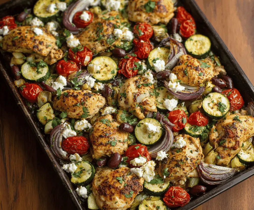 Delicious Mediterranean Chicken and Zucchini Sheet Pan dinner with roasted vegetables and herbs