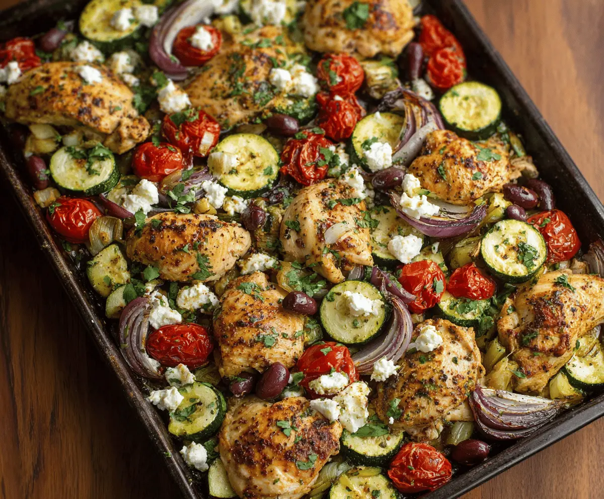 Delicious Mediterranean Chicken and Zucchini Sheet Pan dinner with roasted vegetables and herbs