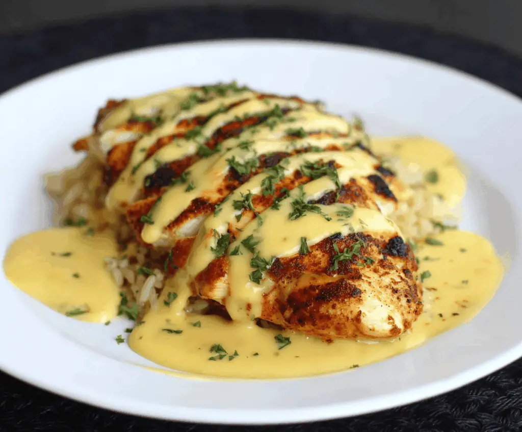 Delicious Mexican chicken topped with creamy cheese sauce served with fresh cilantro and lime wedges.