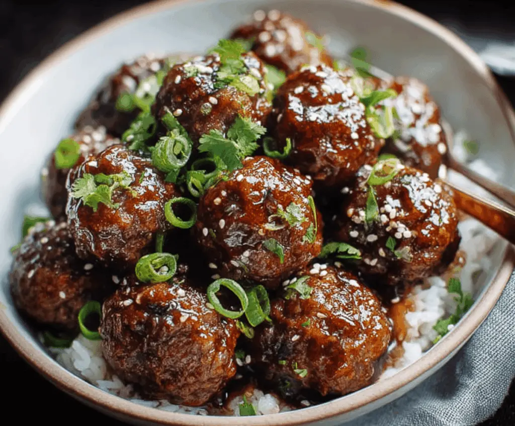 Delicious Mongolian Meatballs garnished with chopped green onions on a white plate, served with a side of steamed rice and vegetables.