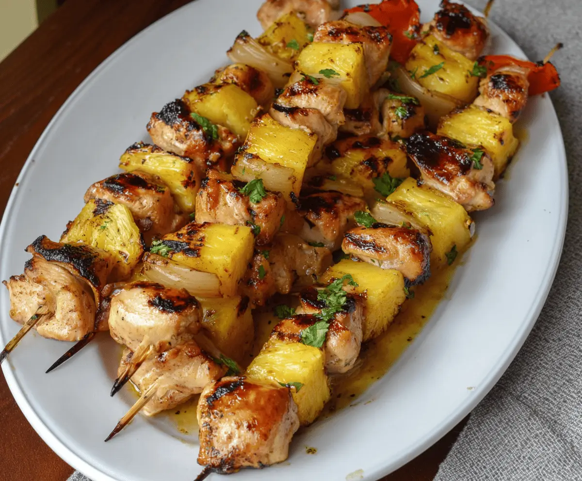 Colorful pineapple and chicken kabobs grilled to perfection, served with fresh vegetables on a platter.