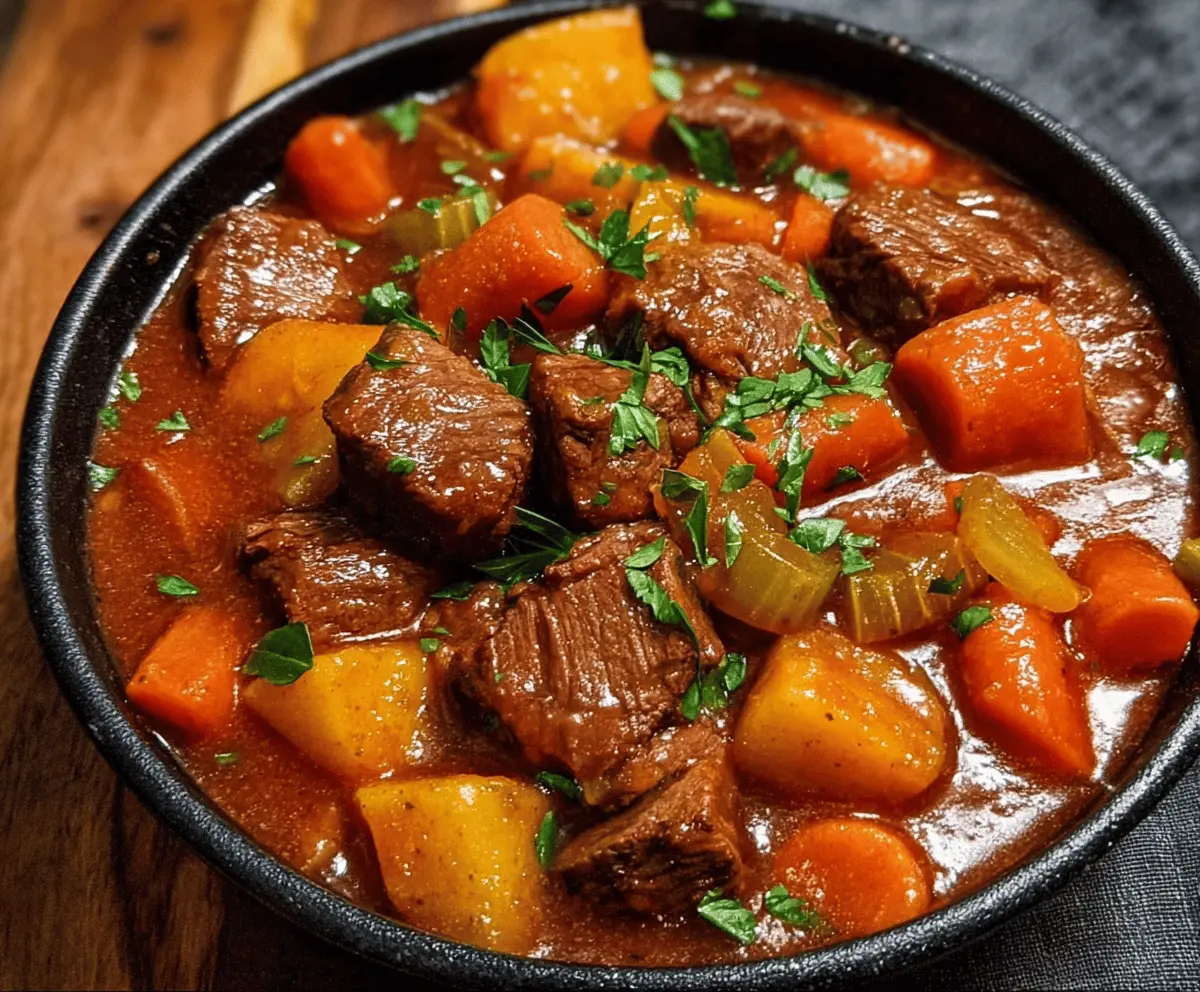 Hearty Pioneer Woman's Crockpot Beef Stew with tender beef, vegetables, and rich broth served in a rustic bowl.