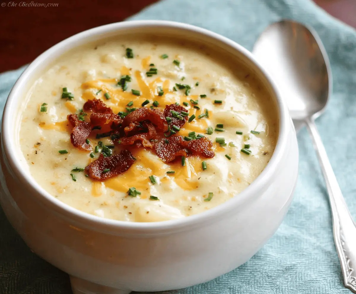 Creamy potato soup in a bowl garnished with fresh herbs, served with crusty bread on a rustic wooden table.