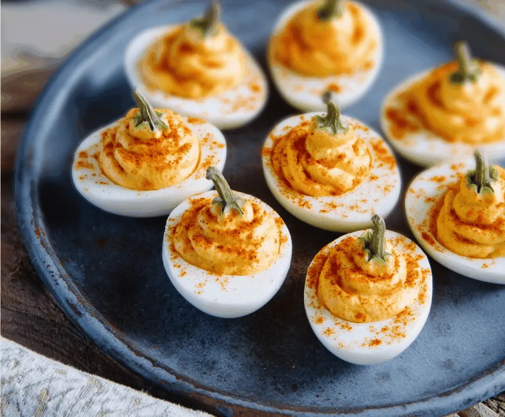 Decorative Pumpkin Patch Deviled Eggs topped with carved pumpkin faces and green herbs, perfect for fall and Halloween celebrations