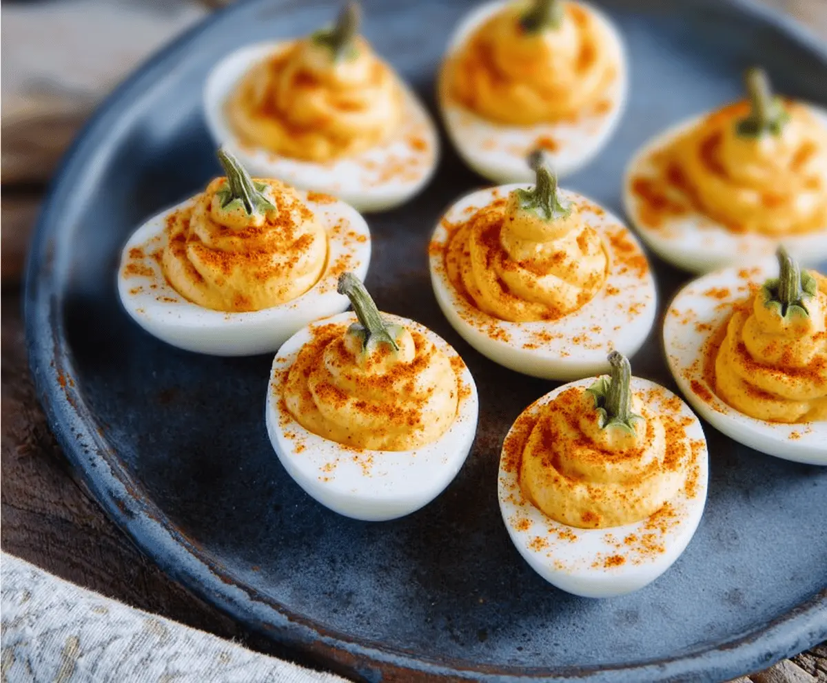 Decorative Pumpkin Patch Deviled Eggs topped with carved pumpkin faces and green herbs, perfect for fall and Halloween celebrations