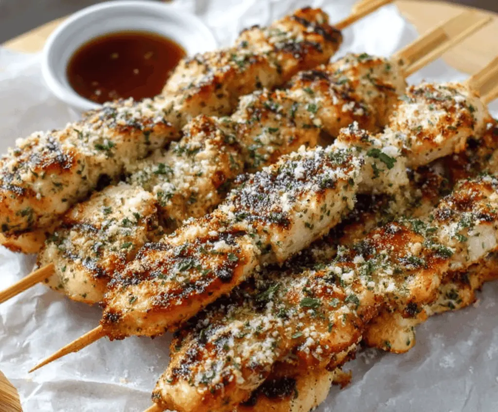 Juicy Ranch Garlic Parmesan Chicken Skewers grilled to perfection with golden brown coating, garnished with fresh herbs and served with dipping sauce.