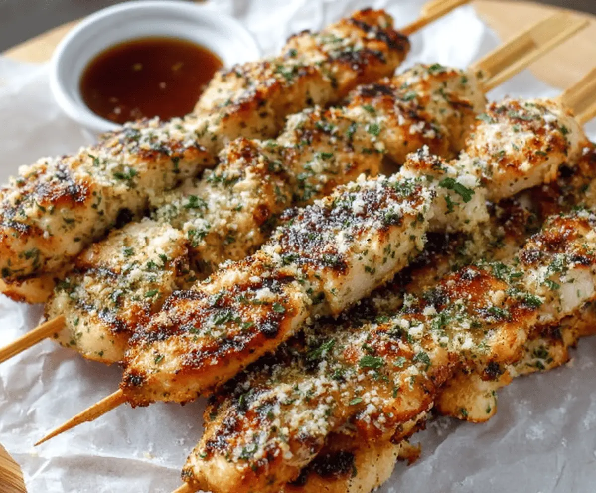 Juicy Ranch Garlic Parmesan Chicken Skewers grilled to perfection with golden brown coating, garnished with fresh herbs and served with dipping sauce.
