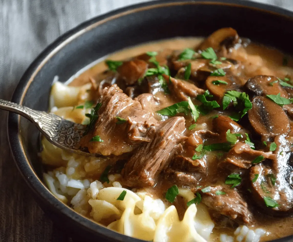Creamy slow cooker beef stroganoff stew with tender beef chunks, mushrooms, and savory sauce served in a bowl