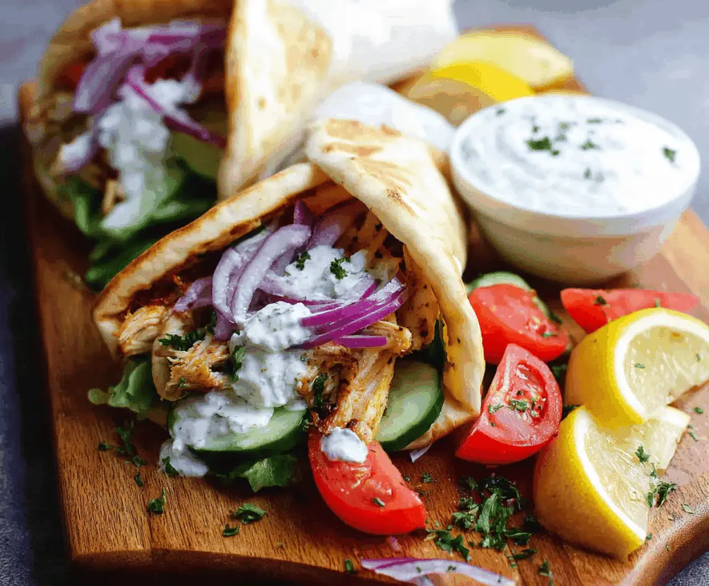 Delicious slow cooker chicken gyros served with fresh vegetables and pita bread