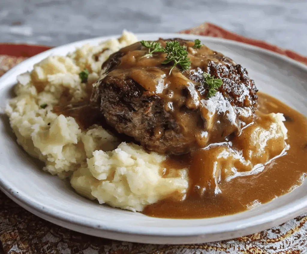 Delicious homemade Slow Cooker Salisbury Steaks served with rich gravy and steamed vegetables on a plate