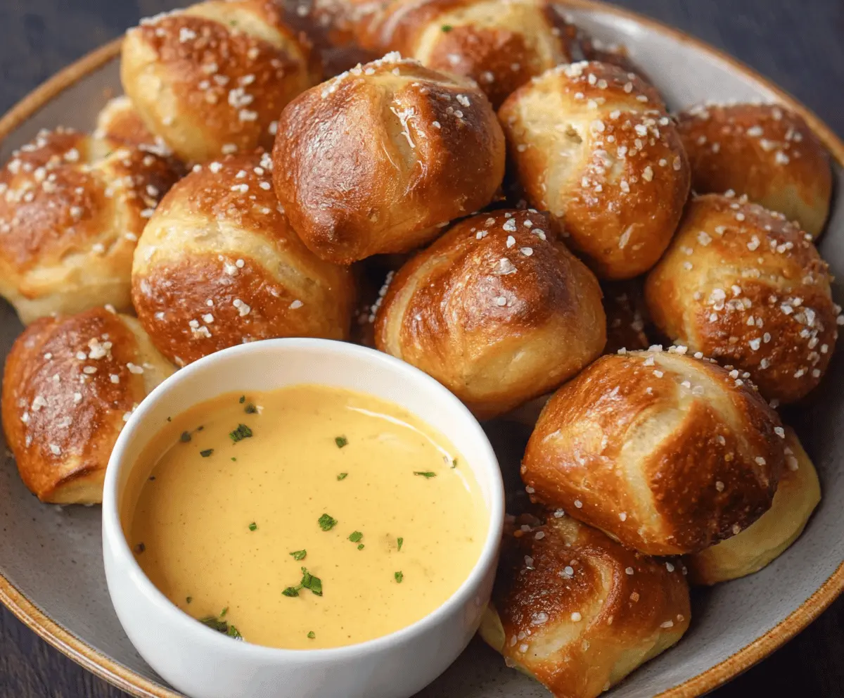 Soft pretzel bites served with creamy vegan cheese sauce, perfect for snacking or sharing