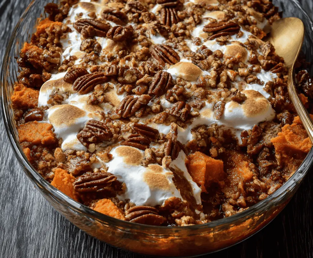 Creamy Southern Maple Sweet Potato Casserole topped with toasted marshmallows and pecans, ready to serve for a festive holiday dinner.
