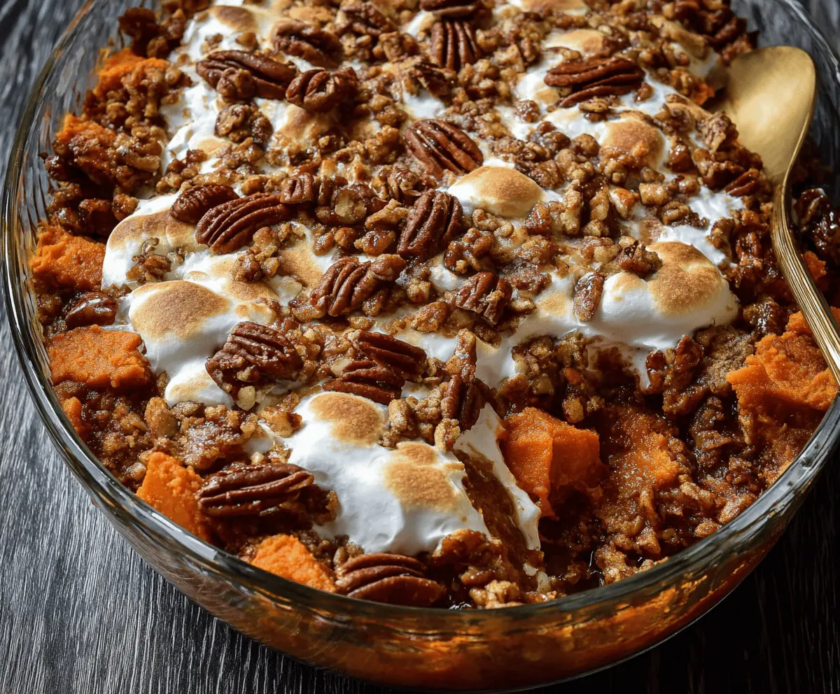 Creamy Southern Maple Sweet Potato Casserole topped with toasted marshmallows and pecans, ready to serve for a festive holiday dinner.