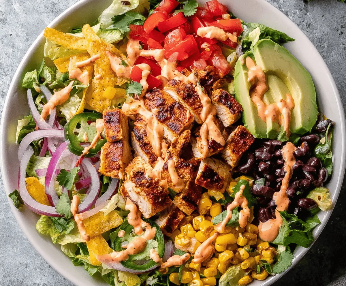 Colorful spicy Southwest chicken salad with grilled chicken, fresh vegetables, corn, black beans, and a tangy dressing in a bowl