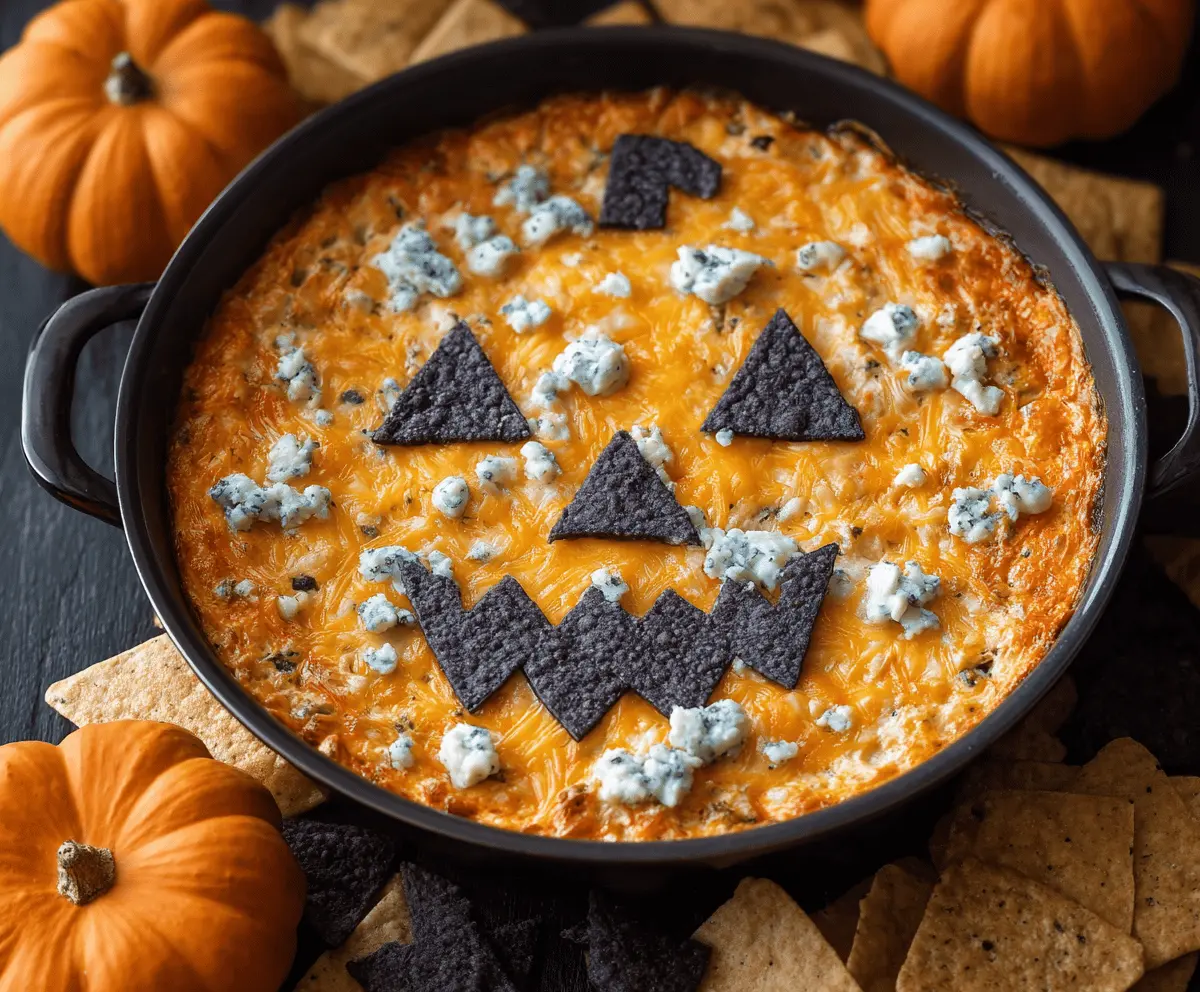 Creamy Spooky Halloween Buffalo Dip with blue cheese crumbles and celery sticks, perfect for Halloween parties