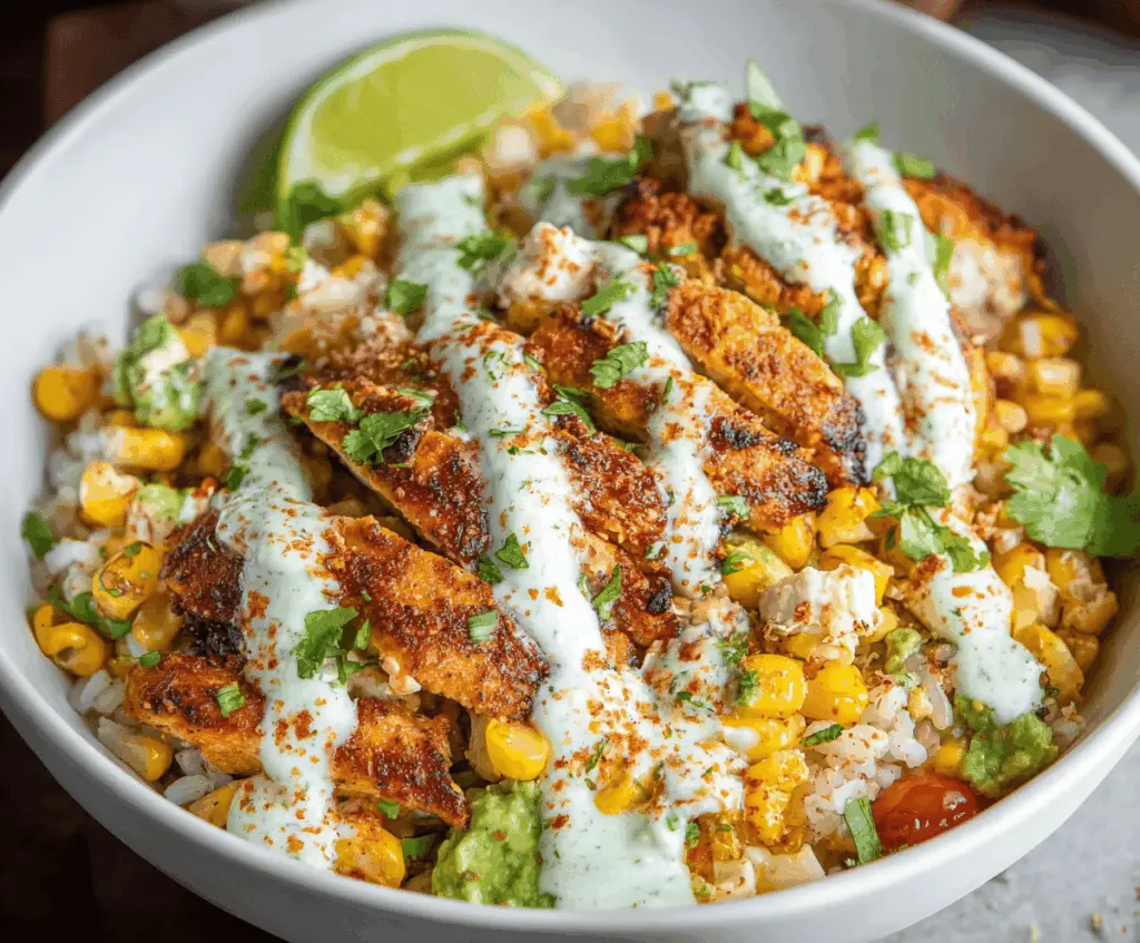 Delicious Street Corn Chicken Rice Bowl featuring grilled chicken, sweet corn, fresh cilantro, and flavorful rice, topped with creamy sauce and lime wedge