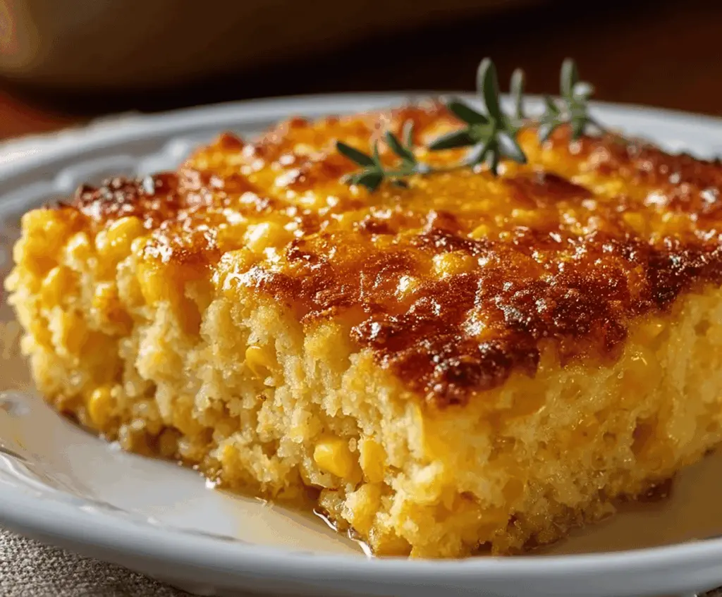 Delicious Sweet Honey-Glazed Corn Casserole served in a baking dish with a golden-brown crust