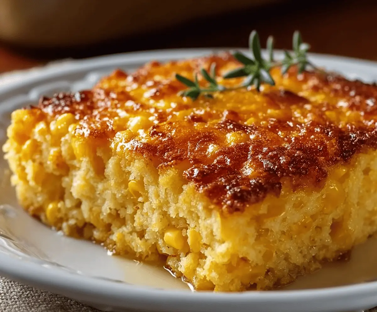 Delicious Sweet Honey-Glazed Corn Casserole served in a baking dish with a golden-brown crust
