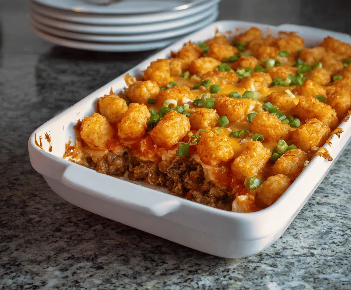 Creamy Tater Tot Casserole topped with melted cheese and crispy golden Tater Tots, served in a baking dish for a comforting and easy family meal.