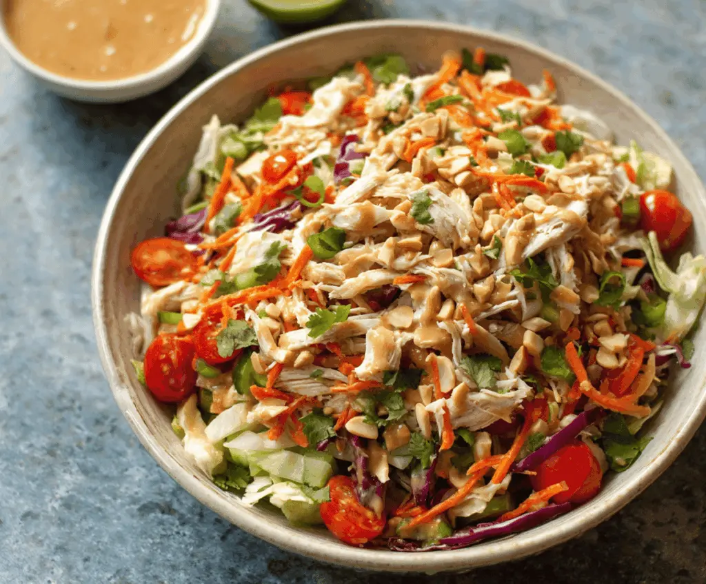 Fresh Thai Chicken Salad topped with crunchy vegetables and creamy peanut dressing on a white plate