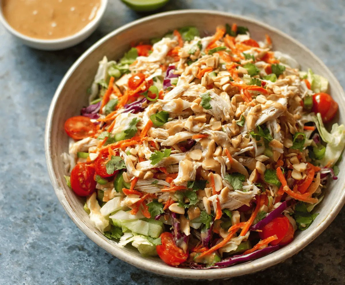 Fresh Thai Chicken Salad topped with crunchy vegetables and creamy peanut dressing on a white plate