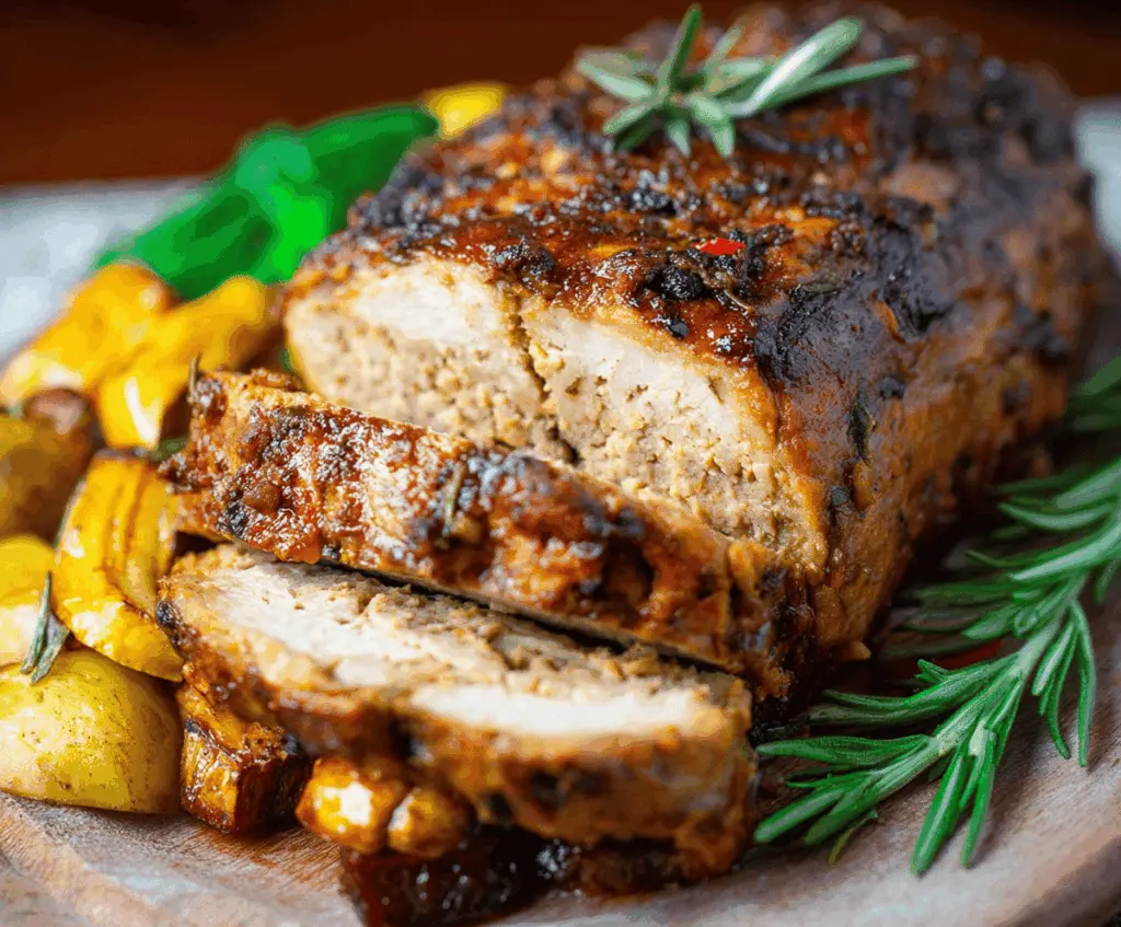 Delicious vegan turkey roast served on a festive platter with herbs and vegetables.
