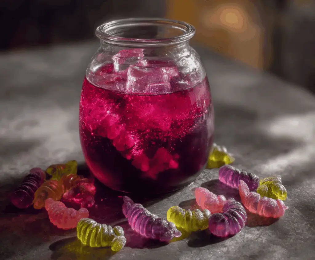 A spooky Halloween-themed punch served in a glass pitcher with colorful, bubbling liquid and floating fruit garnishes, perfect for a Witch’s Potion Punch recipe.