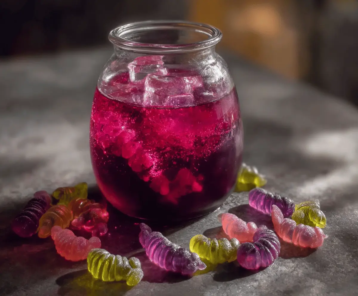A spooky Halloween-themed punch served in a glass pitcher with colorful, bubbling liquid and floating fruit garnishes, perfect for a Witch’s Potion Punch recipe.