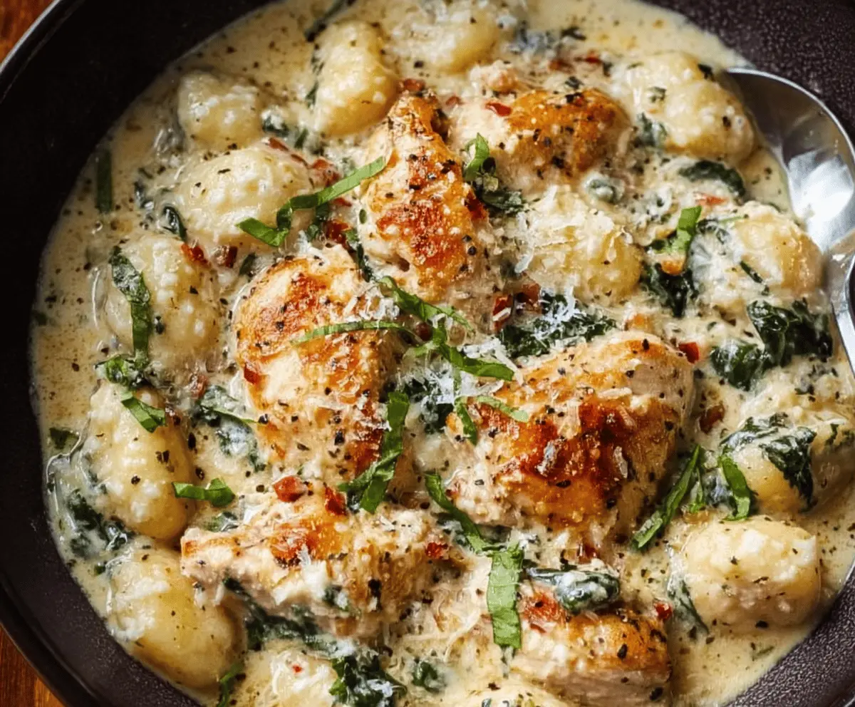 Creamy Asiago Chicken Gnocchi with sautéed vegetables on a white plate