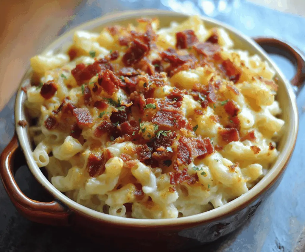 Delicious creamy bacon mac and cheese in a bowl with crispy bacon bits on top