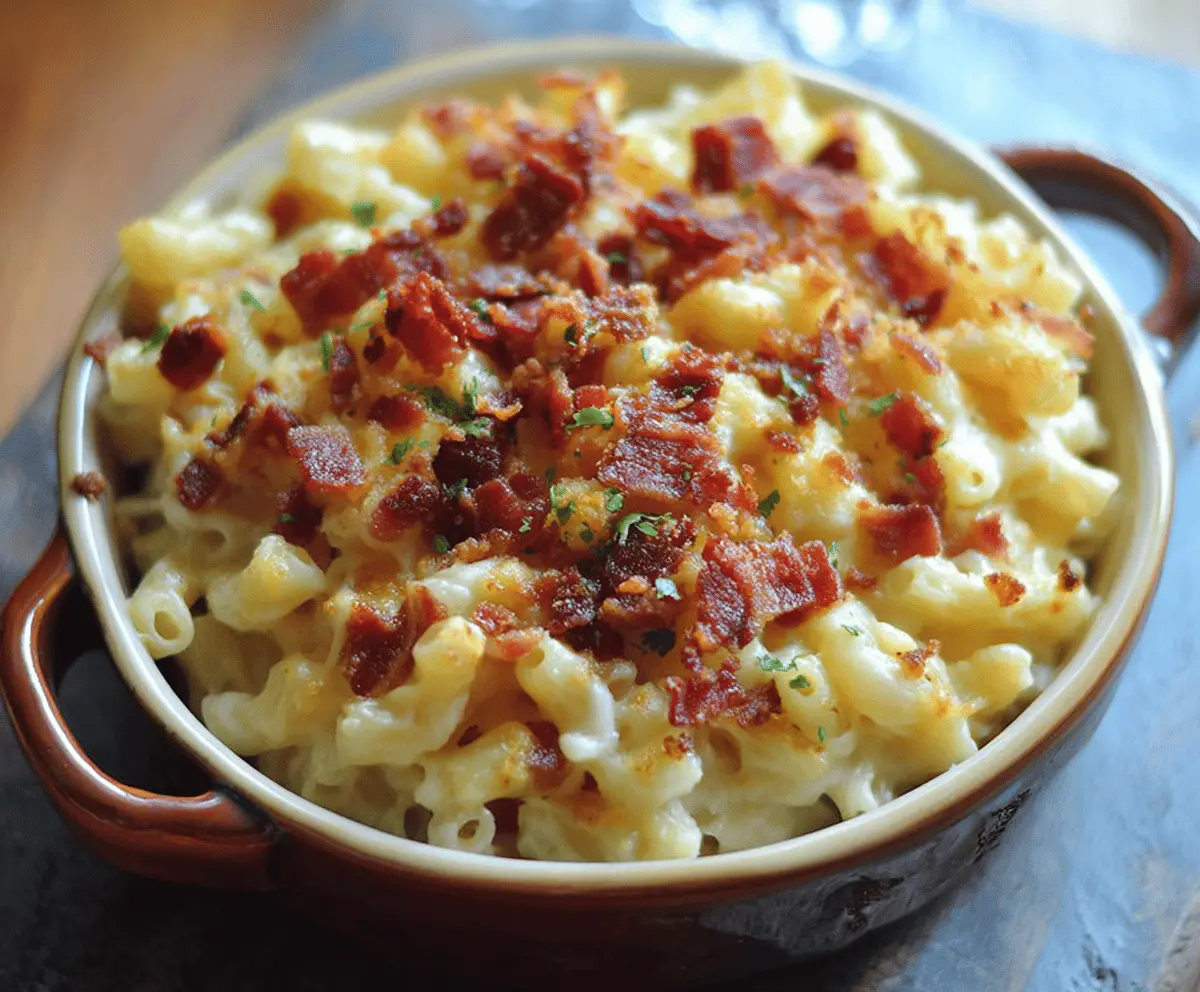 Delicious creamy bacon mac and cheese in a bowl with crispy bacon bits on top
