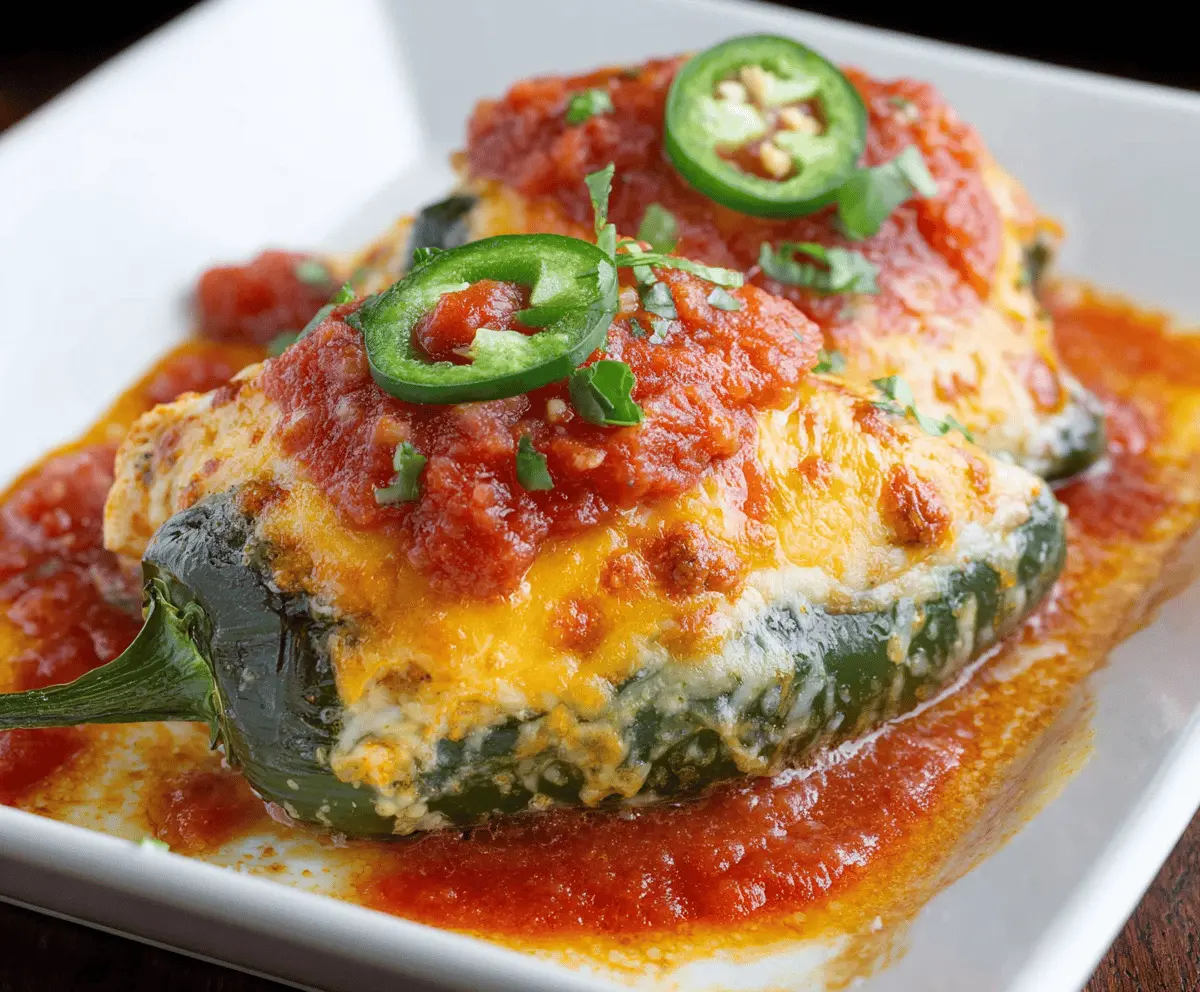 Delicious baked chicken chili relleno topped with melted cheese and fresh herbs, served on a plate.