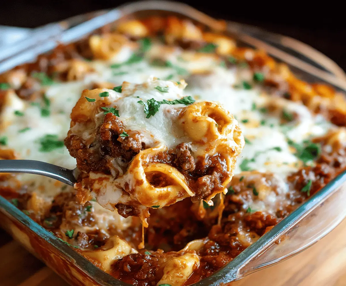Delicious baked tortellini lasagna on a serving plate, showcasing layers of cheese, pasta, and rich tomato sauce.