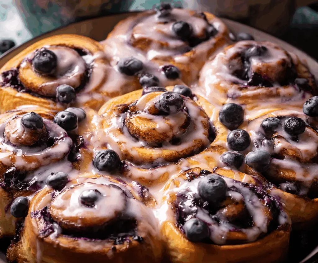 Delicious blueberry cinnamon rolls with swirled blueberries and a sweet glaze close-up