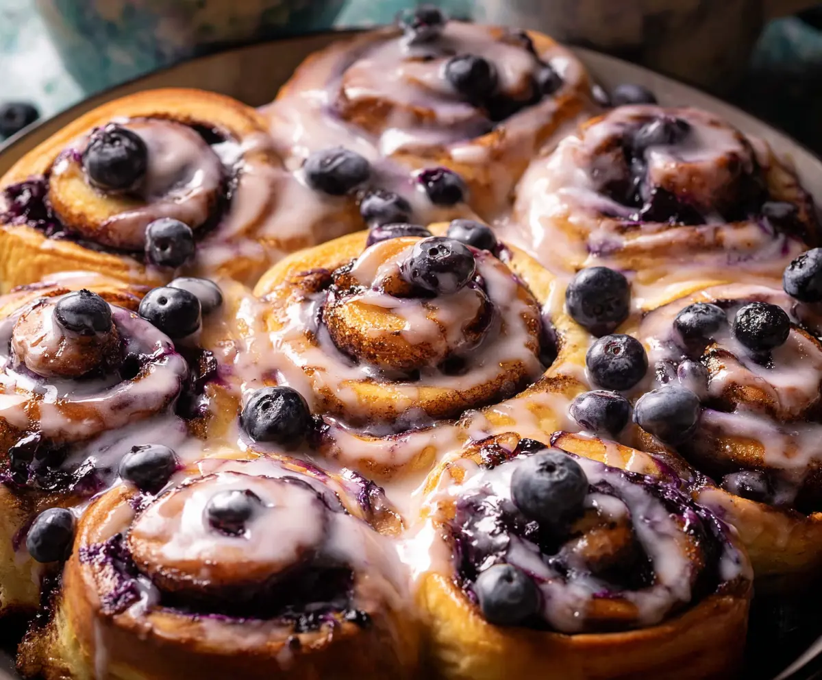 Delicious blueberry cinnamon rolls with swirled blueberries and a sweet glaze close-up