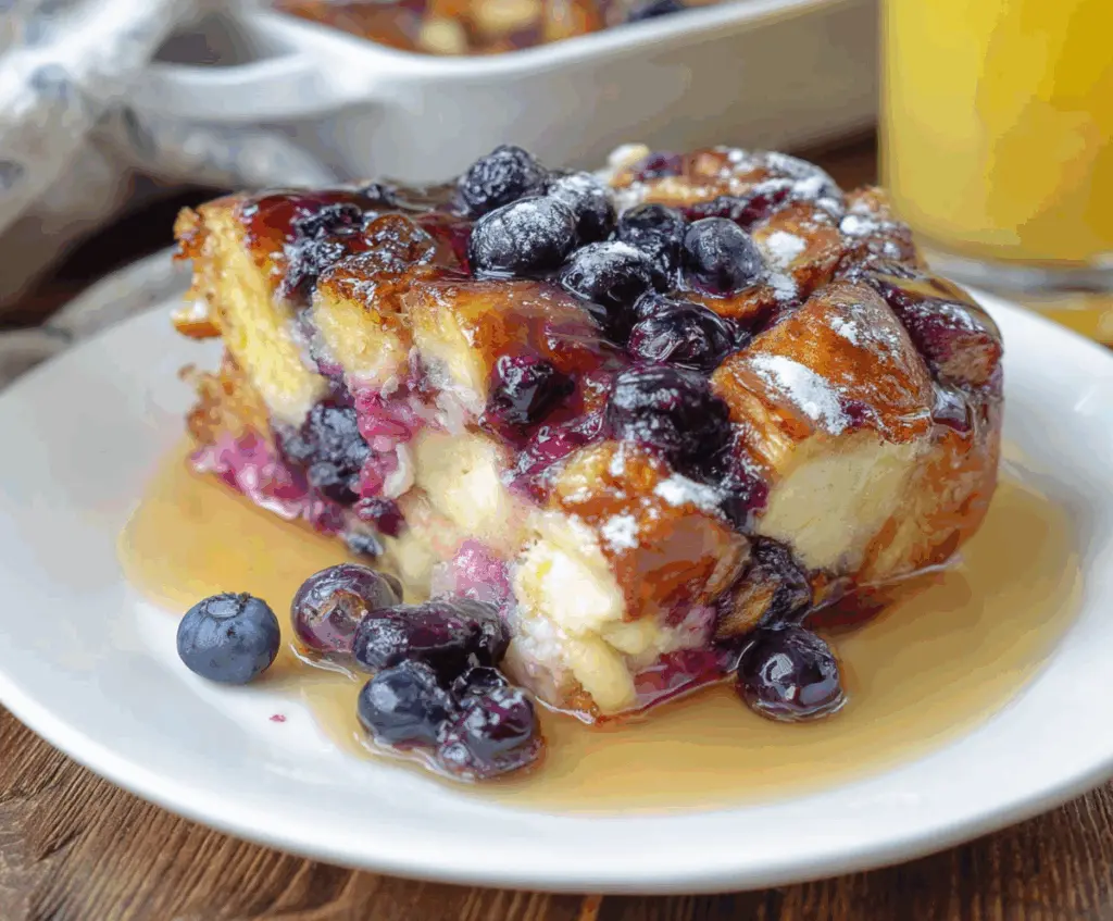 A delicious Blueberry French Toast Casserole with fresh blueberries and crispy golden top ready to serve.