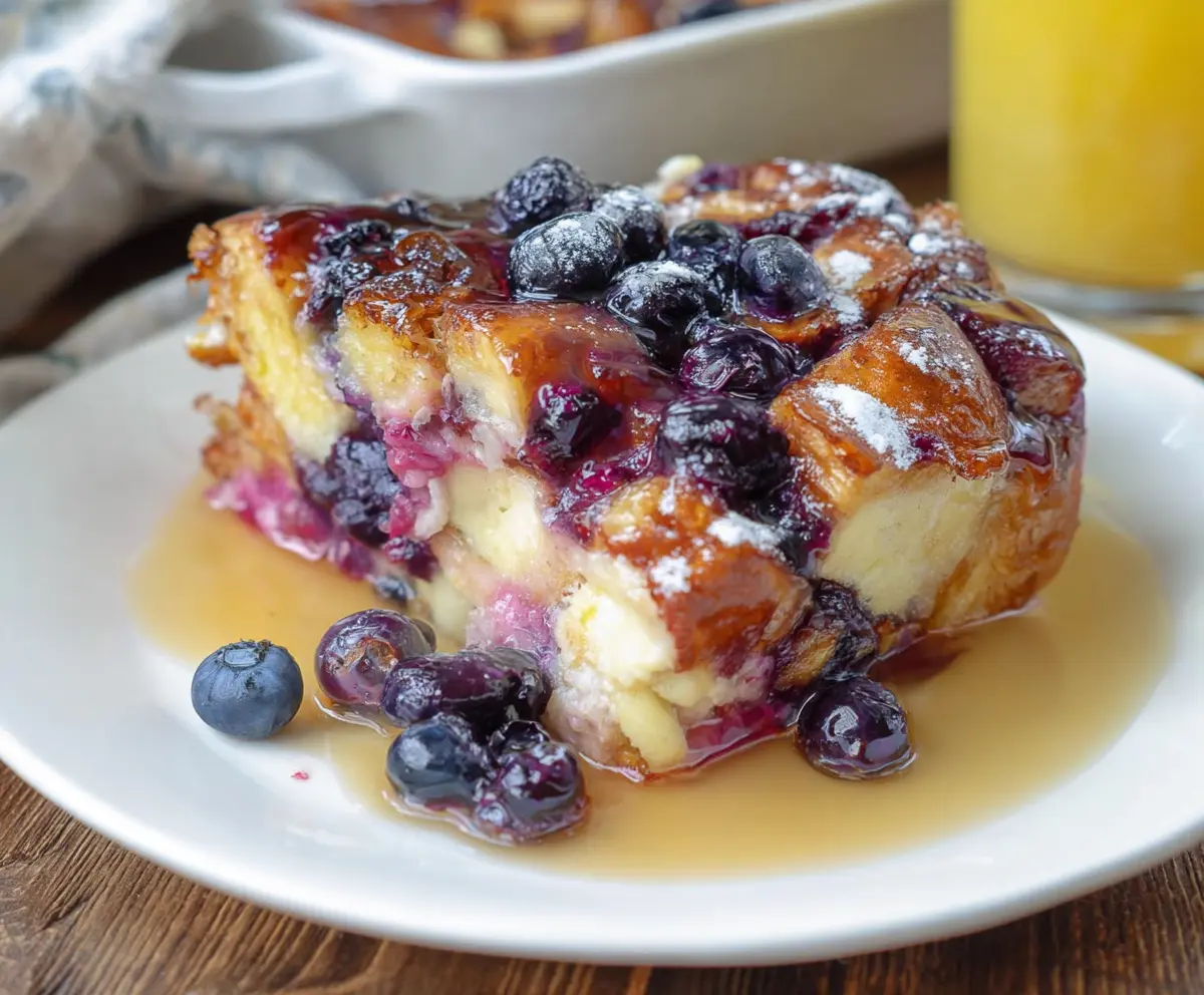 A delicious Blueberry French Toast Casserole with fresh blueberries and crispy golden top ready to serve.