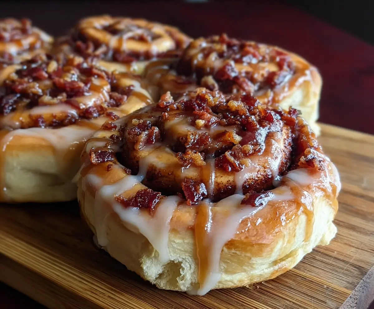 Delicious bourbon maple bacon cinnamon rolls with caramel glaze on a plate