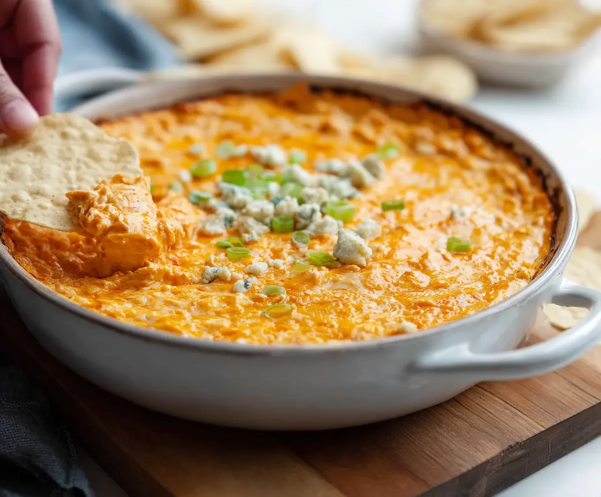 Creamy Buffalo Chicken Dip served with celery and chips for a flavorful appetizer.
