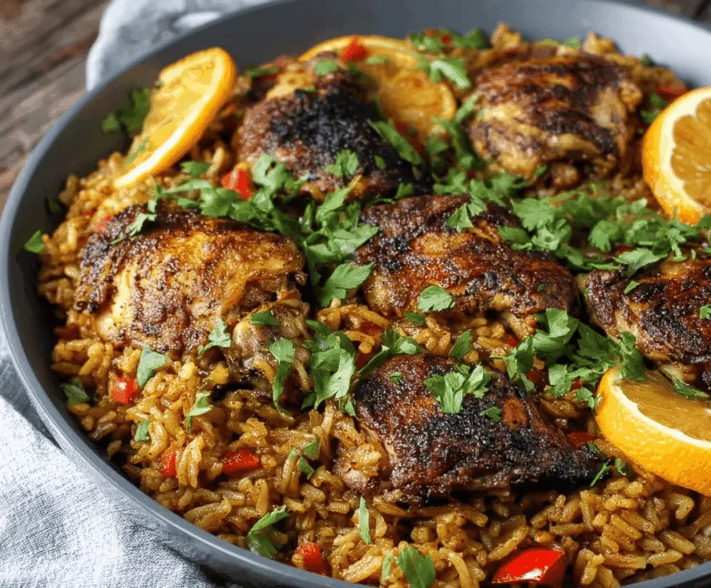 Delicious Caribbean Chicken and Rice dish served on a plate, garnished with fresh herbs.