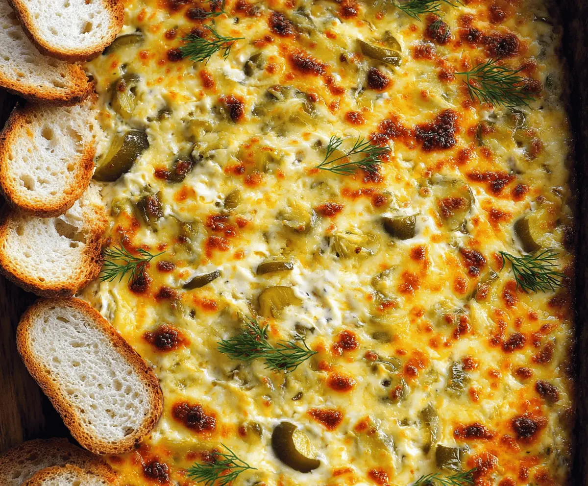 Creamy cheesy baked pickle dip served with chips for a savory snack.