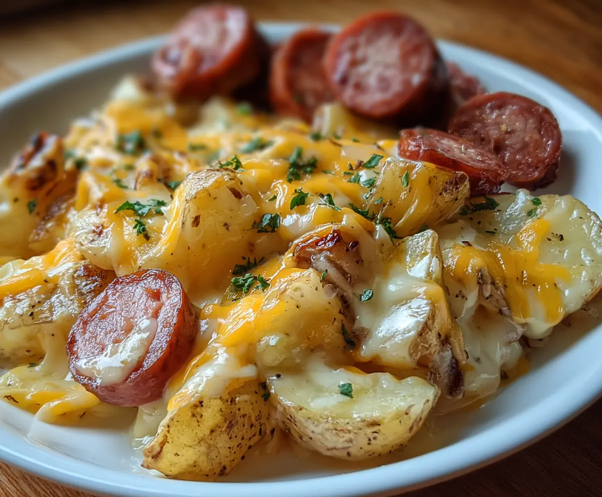 Delicious cheesy ranch potatoes with smoked sausage served on a plate.