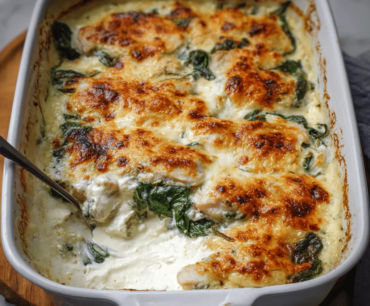 Delicious chicken and spinach casserole baked with creamy cream cheese topping.